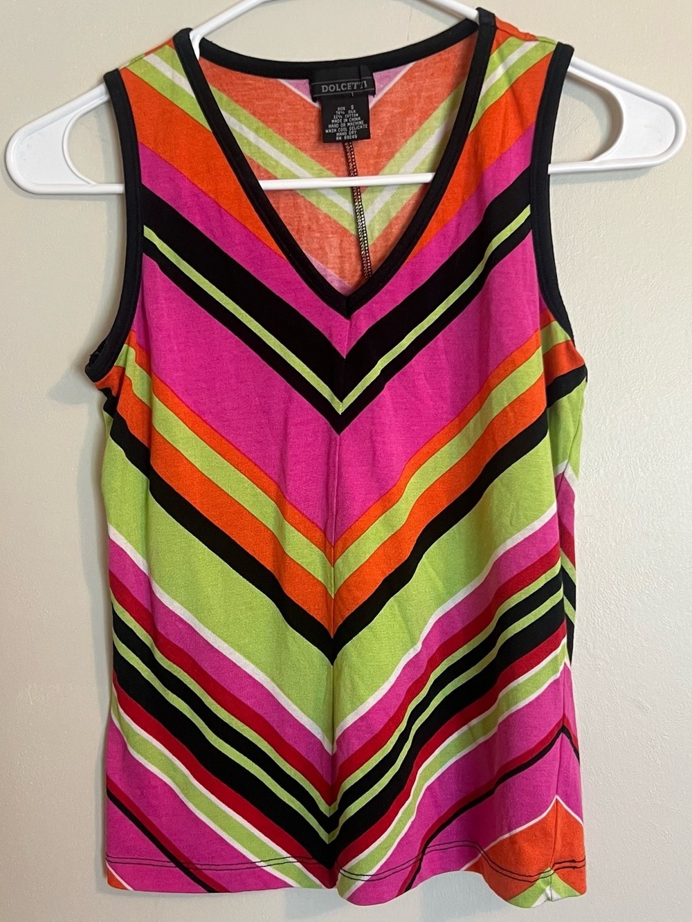 Vintage Dolcetta V-Neck Sleeveless Chevron Tank in Pink & Lime Silk cotton blend